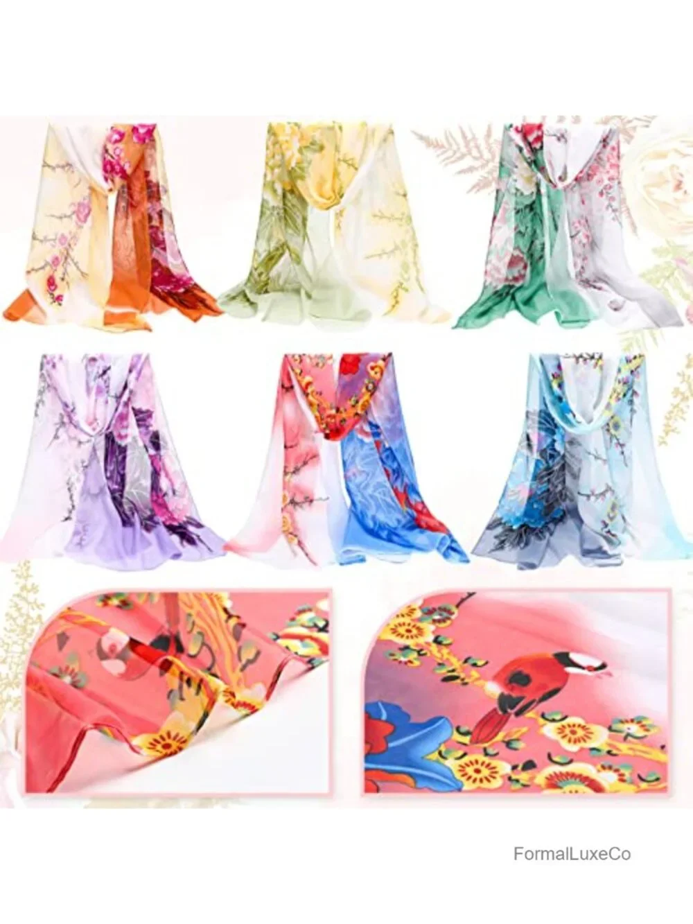 6 Pcs Lightweight Georgette Floral Print Scarves for Women Dressy Long Thin
